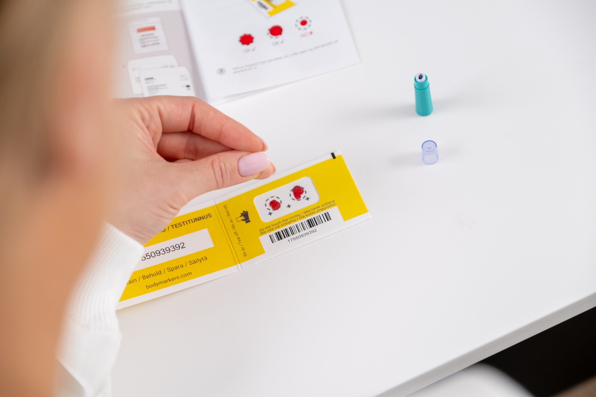 Blodprøvekort fra Bodymarkers for å finne blodverdier. FOTO